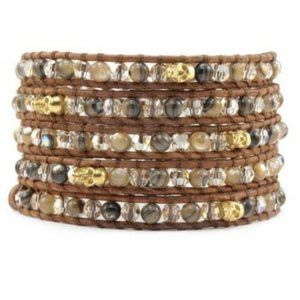 Chan Luu 5 Wrap Gold Vermeil Skulls Stones Swarovski Crystals Bracelet